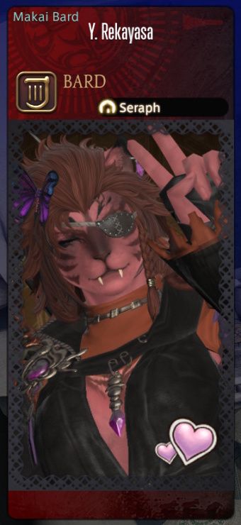 ffxiv screenshot of a pink hrothgar in black and red clothing and an eyepatch, smiling with her eyes closed and doing a peace sign 