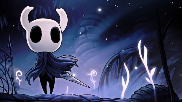 le perso du jeu HK qui se trouve dans une foret sombre avec des plantes lumineuse