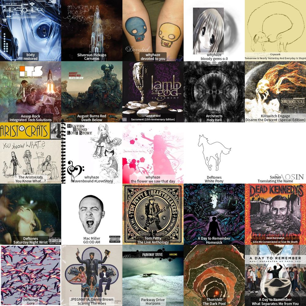 a 5x5 chart of albums bambs listened to in June 2025. first 3: blxty - restored, silversun pickups - carnavas, whyhaze - devoted to you