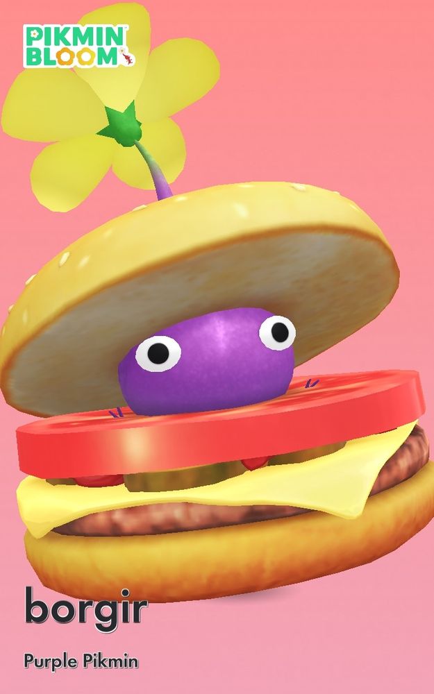 screenshot from pikmin bloom of a purple pikmin wearing a cheeseburger costume
