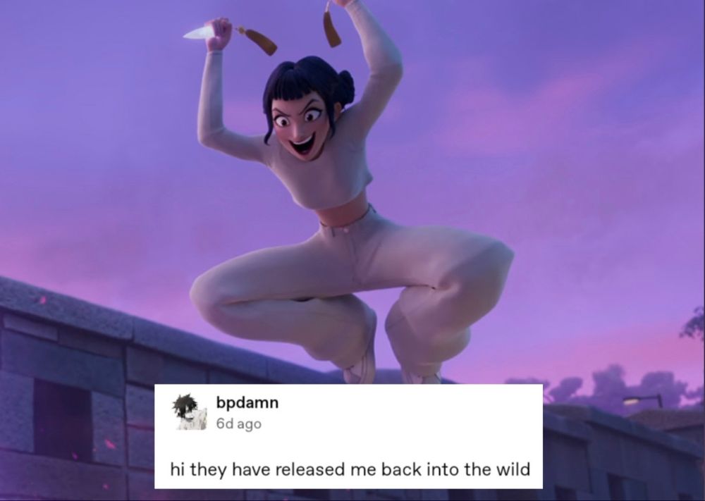 Zoey from Kpop Demon Hunters is creature-jumping in the air and holding a knife with a screenshot of a tumblr post that reads: hi they have released me back into the wild