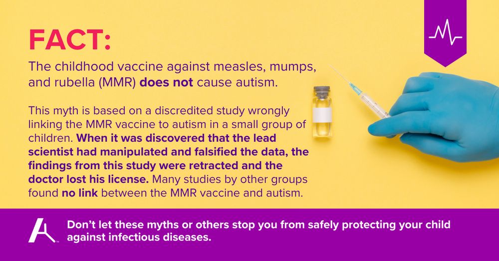 A public health graphic titled "FACT:" states that the MMR vaccine does not cause autism. A syringe and a vaccine vial are visible on a yellow background. The text explains that the myth is based on a discredited, falsified study, and many other studies have found no link between the MMR vaccine and autism.