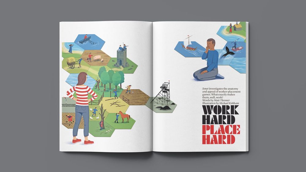 The opening spread of Senet's feature on worker placement games, with artwork by Michael Kirkham. 