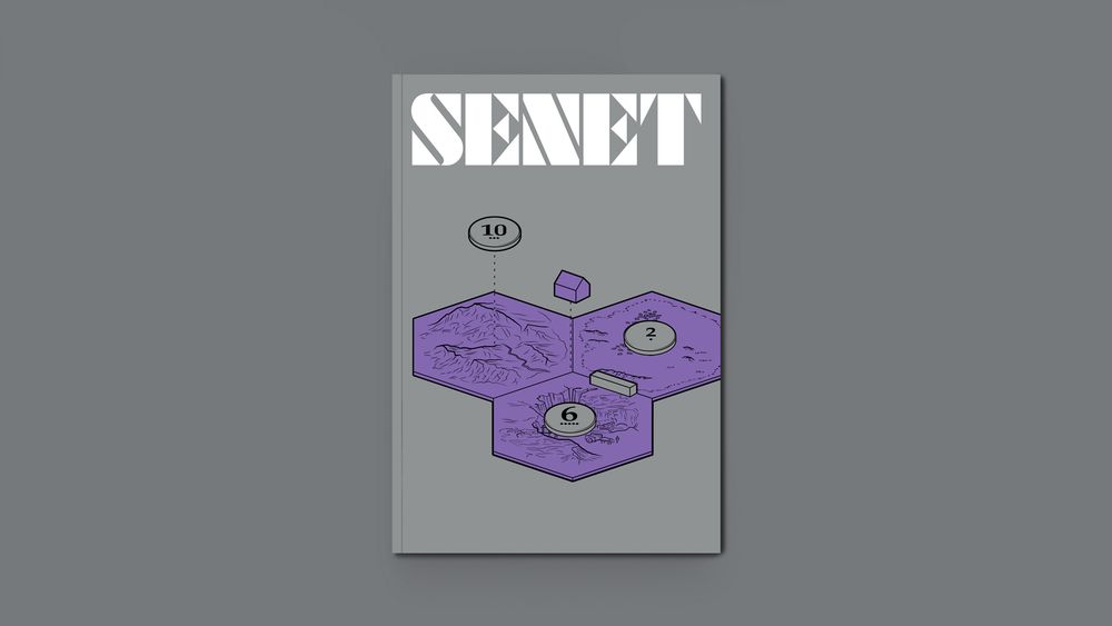 Senet's 19th issue cover, featuring an illustration of Catan components.