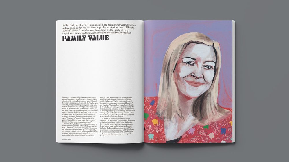 The opening spread of Senet's interview with board-game designer Ellie Dix, from the Spring 2025 edition. 