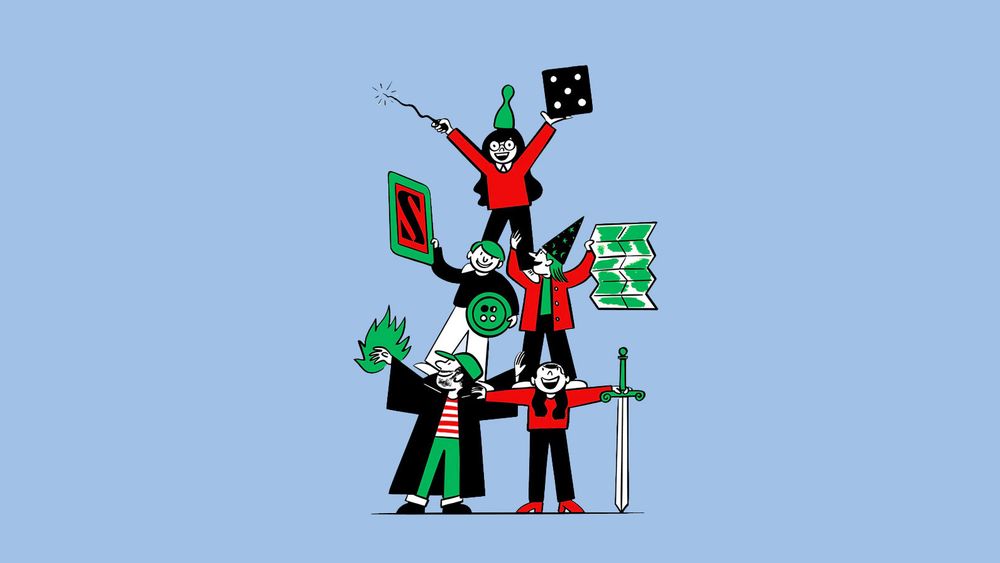 An illustration depicting a pyramid of board-gamers by artist Mark Long
