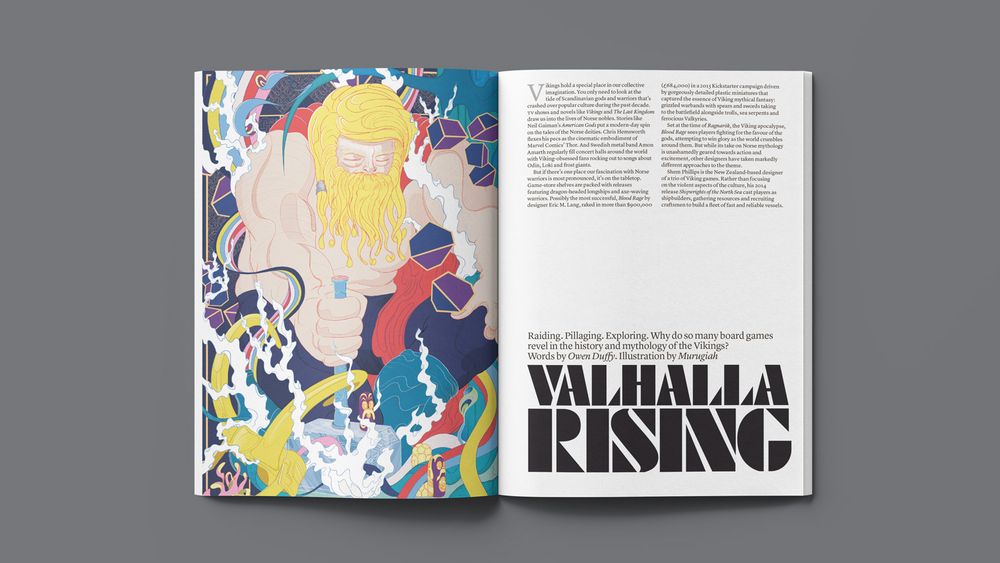 The opening spread of Senet's feature on Viking games, with artwork by Murugiah. 