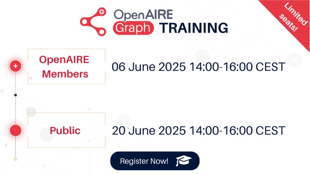 OpenAIRE Graph Training. OpenAIRE Members, 06 June 2025 14:00-16:00 CEST. Public, 20 June 2025 14:00-16:00 CEST. Limited seats, register now!