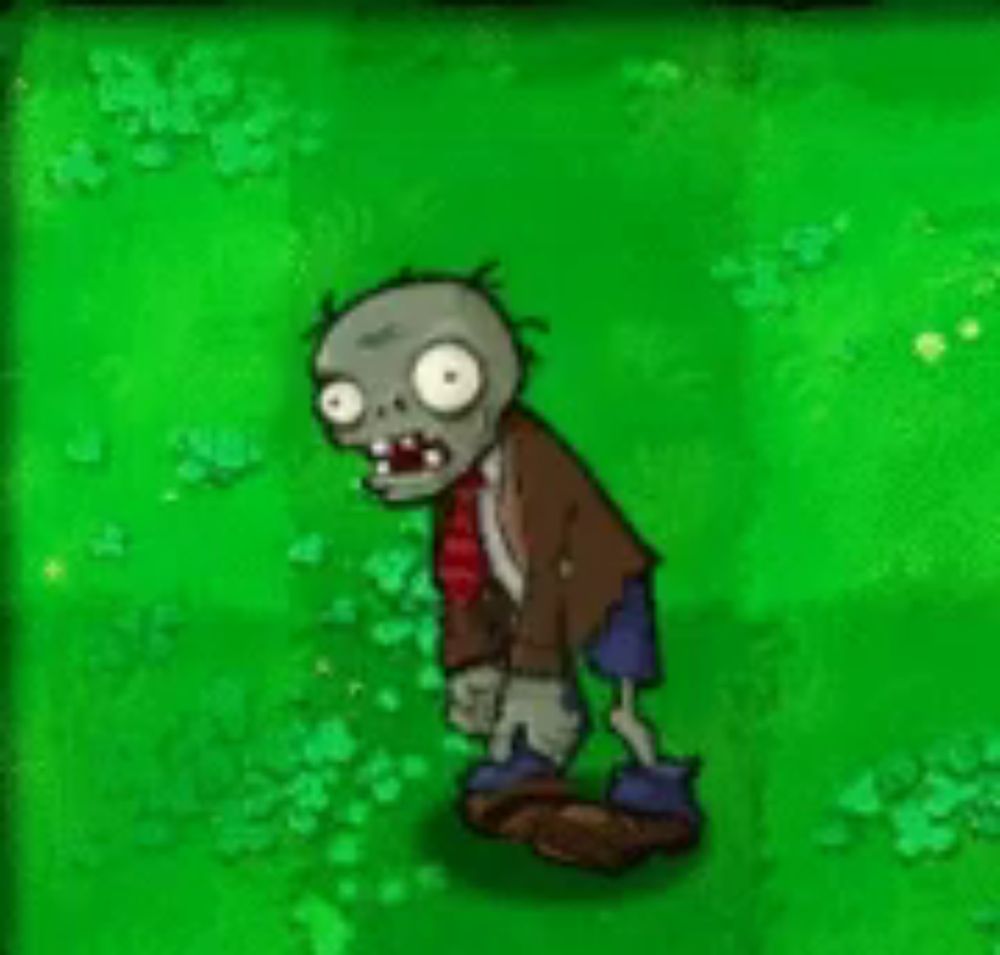 a cartoon zombie is standing on a green field .