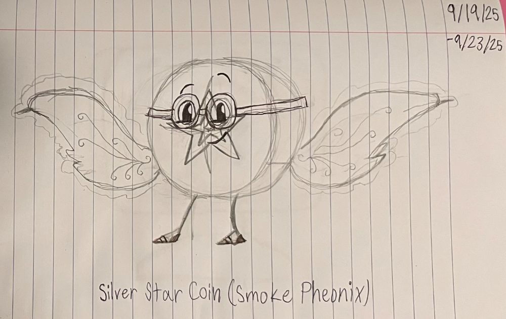 Start Date: 9/19/25 [Yes, I use the MM/DD/YYYY format. Deal with it!]
Start Date: 9/23/25 (← Random fact: That's the birthday for one of my little brothers!)
It's mostly the same to the final design, but here are the differences;
- His wings (were gonna) have more swirls in them.
- I was originally gonna give him goggles, but I couldn't make them look right on MS Paint. So that's why I gave him lensless glasses instead.