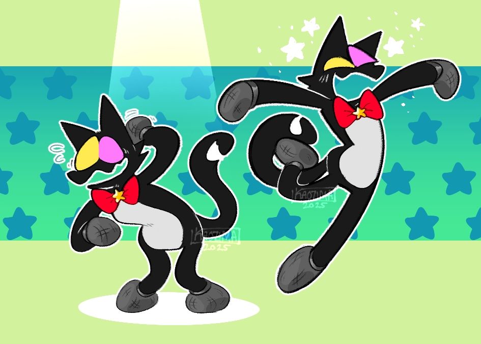 A character from the video game Deltarune who goes by both 'Mike' and 'Pluey'. They are a black cat that stands on their hind legs. Their hands and feet are just microphones, they have a yellow and pink eye, and wear a red bowtie.