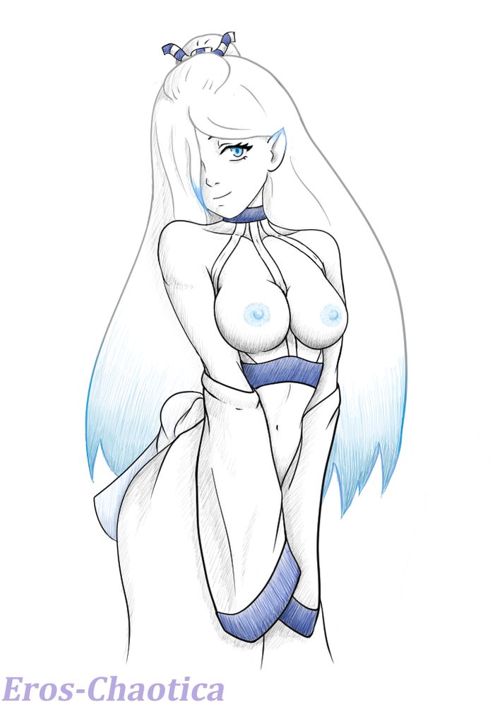 My Frost Virgin/ Maiden Overlord OC Yukari. She is showing half her face and has her breasts out as she undresses from her kimono. You can tell she isnt human as she has slightly pointed ears and both her ear tips and nipples are an icy blue colour. She’s trying to be alluring.
