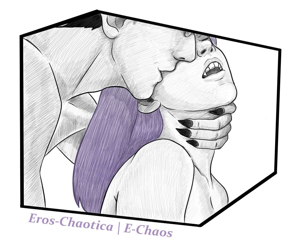 Pen lined pencil sketch of Demiurge (Overlord) naked, with his hand over the throat of his lover Amara, (oc) a purple haired, fanged, monster girl who is also nude. They're both enjoying themselves. 