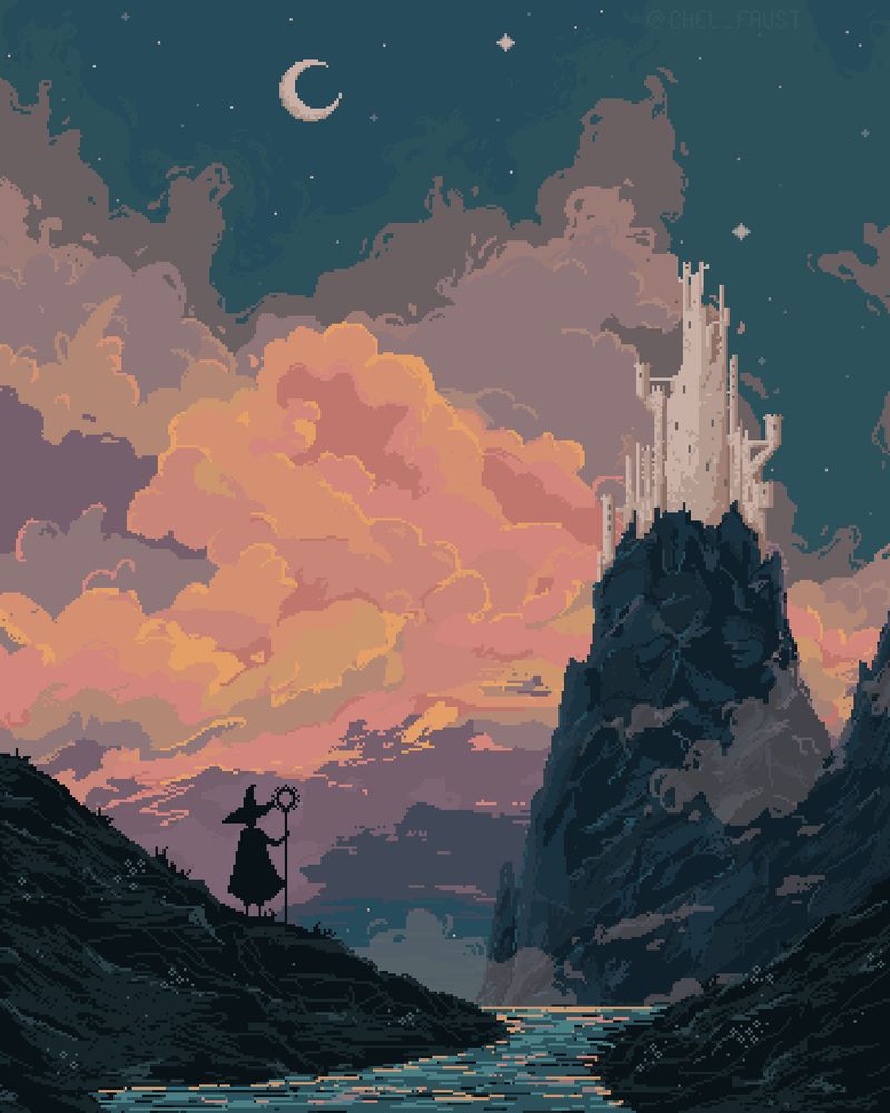 Pixelart of a traveler gazing out over their next adventure. 