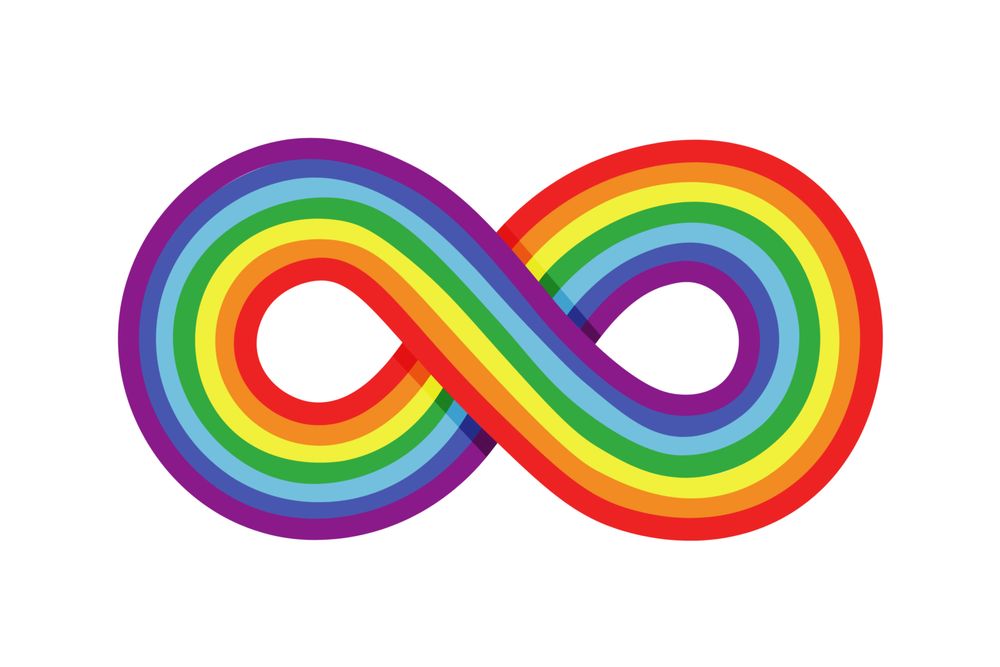 Infinity symbol made with looping parallel bands of color in the order of the rainbow