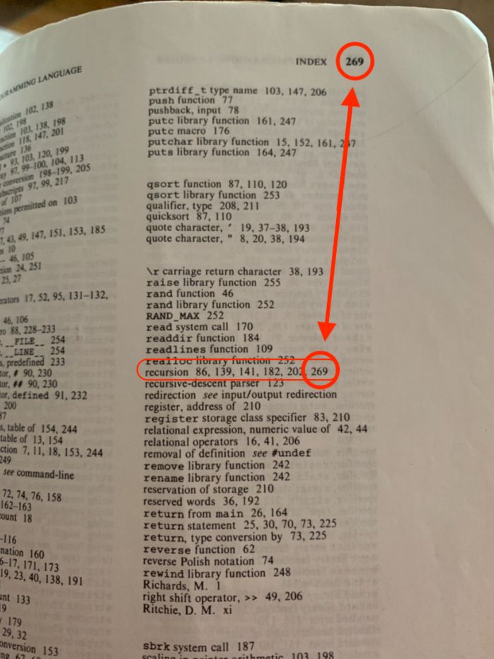 Image of the index listing showing "Recursion," on page 269 of the book, with the index listing showing Recursion appears on page 269.

Image credit to Redditor u/root42 (https://www.reddit.com/user/root42/) in an archived Reddit post here: https://www.reddit.com/r/ProgrammerHumor/comments/b9db36/the_original_edition_of_kr_the_c_programming/