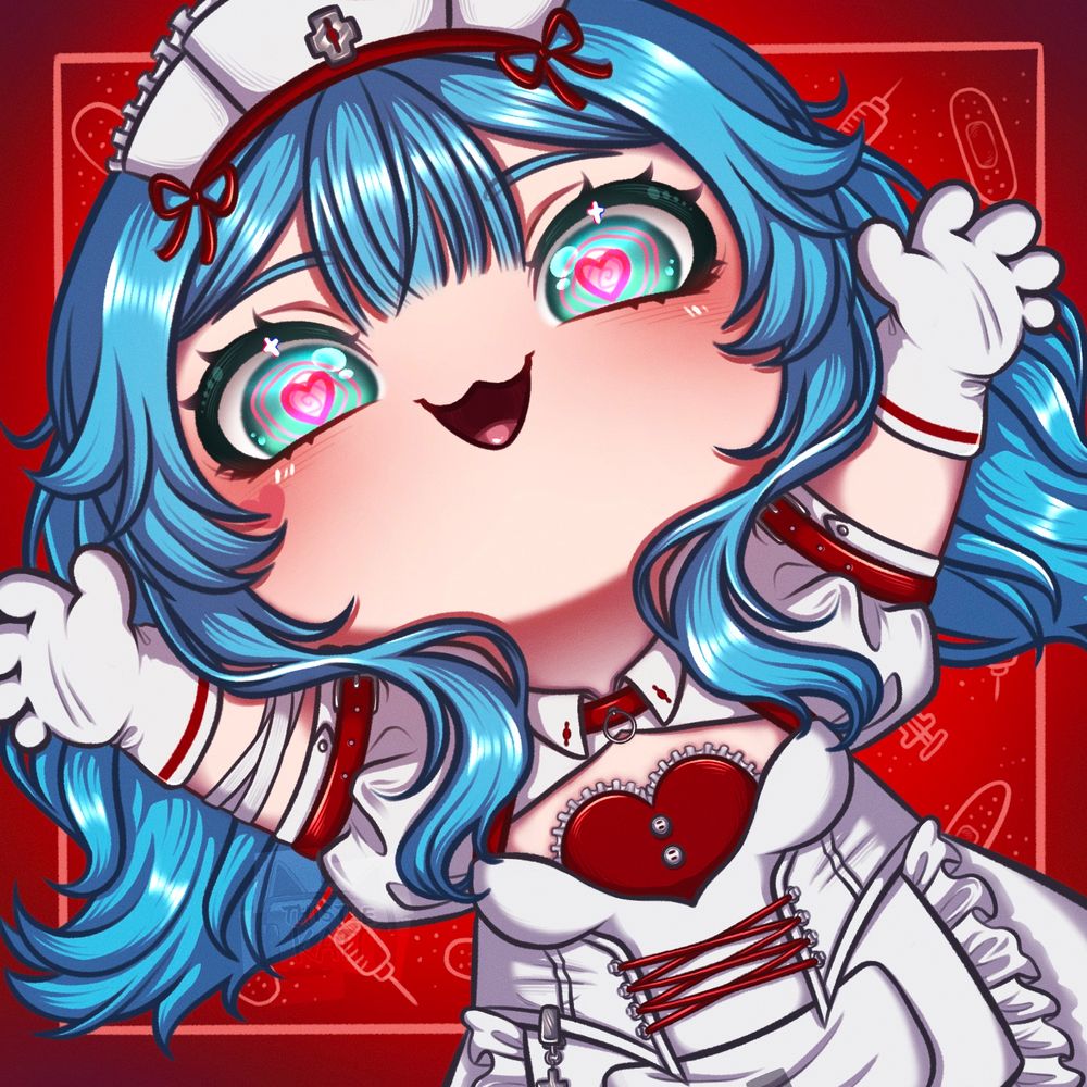 Blue haired girlie in a while nurse dress with red accents, her arms stretched out as though ready to grab! Her eyes are pale blue/teal ish with pink heart centres and pink spirals. The background is red with doodles of bandaids and syringes. 