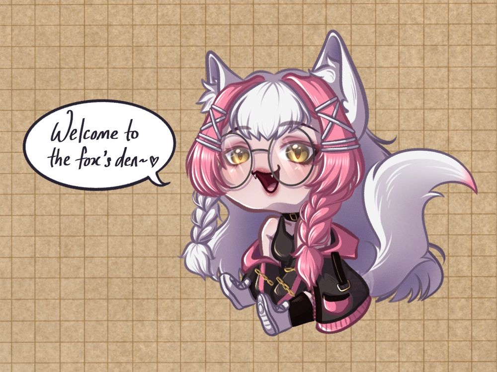 With light brown eyes, hair in pink and white, wearing clothes of pink and black, an adorable fox saying "Welcome to the fox's den~♡"