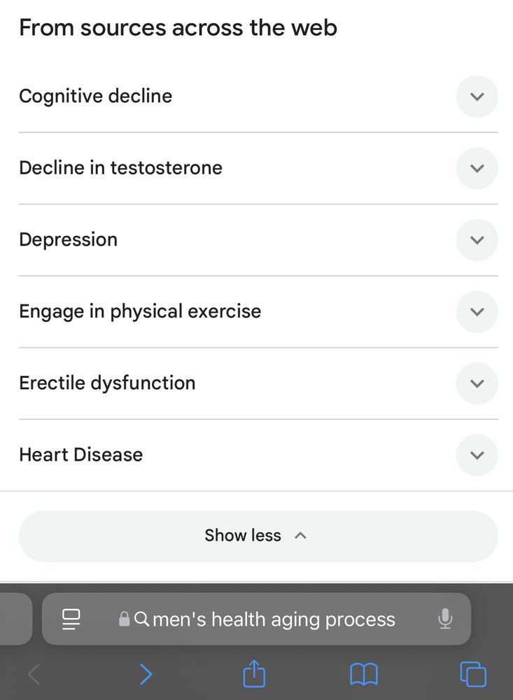 Screenshot showing a list of topics related to men’s health and the aging process, including cognitive decline, decline in testosterone, depression, engaging in physical exercise, erectile dysfunction, and heart disease.