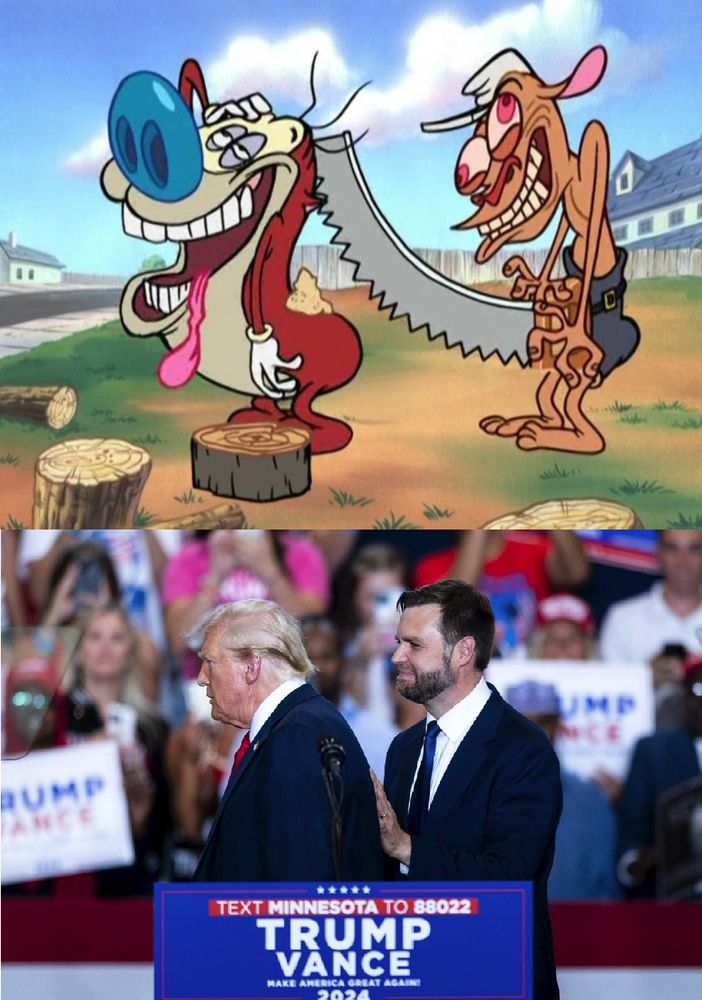 Following the style of ArtButMakeItSports, a screen-cap of Ren and Stimpy from Spike TV's godawful "Adult Party Cartoon" Ren and Stimpy remake above, and Donald Trump and JD Vance in a similar position at a political rally below.
