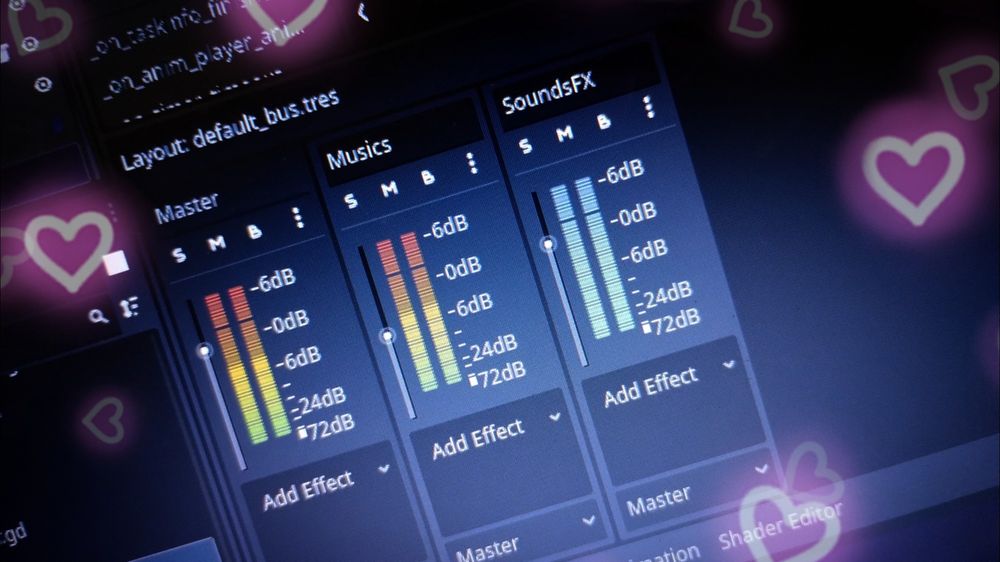 Ajeitando o áudio no painel de mixer do programa Godot 4.3