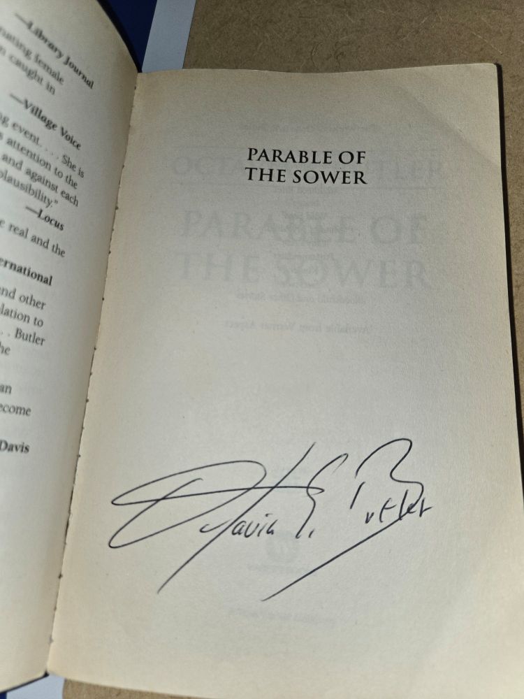 The title page of PARABLE OF THE SOWER with an autograph signature from the author Octavia Buttler.