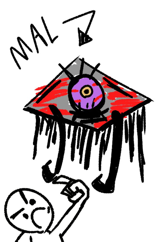 Uma escrita "mal" com uma seta apontando para uma ilustração de losango com vermelho imitando sangue, o losango tem dois braços abaixados e um olho roxo e amarelo no meio. Embaixo tem uma pessoa mostrando o dedo do meio para o losango. Tem várias gosmas embaixo do losango.