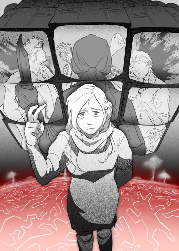 akane sheepishy making a peace sign/bunny ears in front of a red planet peppered with mushroom clouds and the chalk outlines of rabbit bodies. 9 tvs behind her reflect her older self, holding the dagger and looking at various universe iterations of sigma and junpei