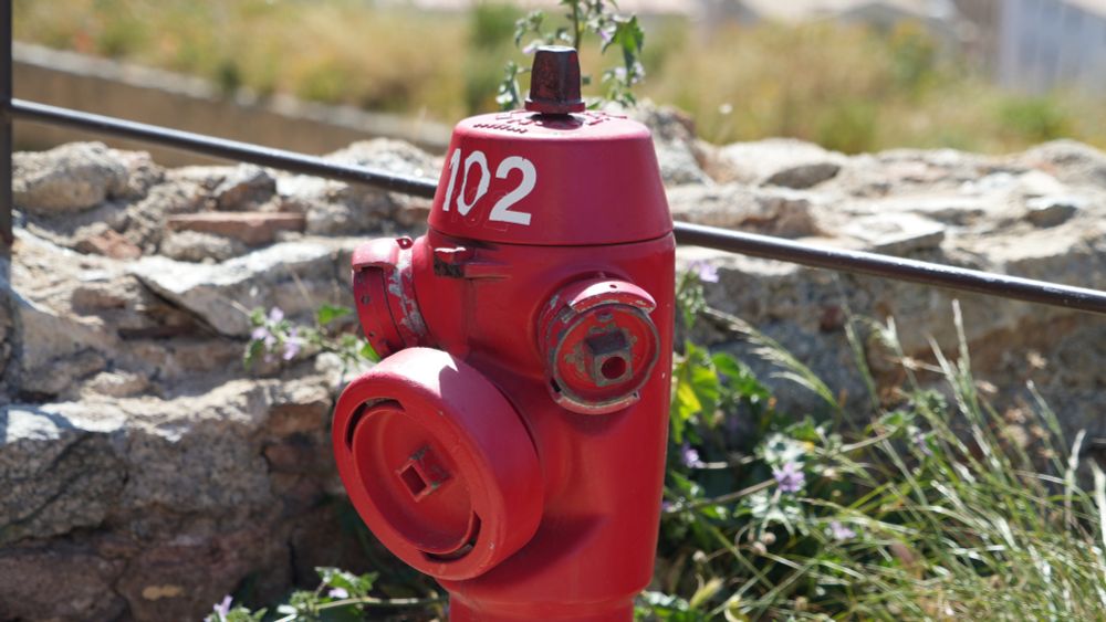 Roter Hydrant vor Natursteinmäuerchen und Gras
Die Anordnung der Anschlüsse schauen wie ein Gesicht aus
Witzig finde ich die Kappe (mit weisser Aufschrift 102) und dem Zipfel darauf