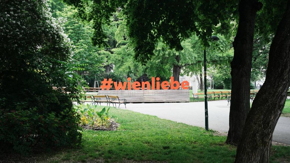 Park in Wien grüne Wiese, Sitzbank, dunkelgrünes Gebüsch links, zwei fast schwarze Baumstämme rechts, oben dunkelgrün belaubte Äste in Bildmitte in roten Buchstaben (als Skulptur auf einem Sockel das Wort ‚#wienliebe‘ 