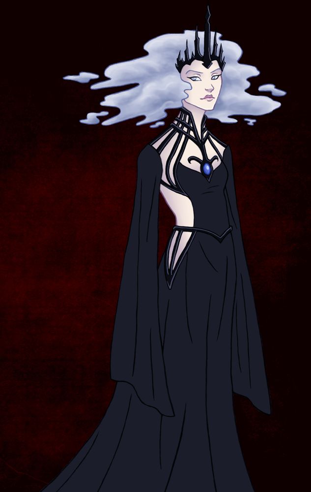 Phaedra is a pale woman with pupilless gray eyes and storm clouds for hair. She's wearing a black dress with long sleeves that conceal her hands and jagged, wicked-looking crown. 