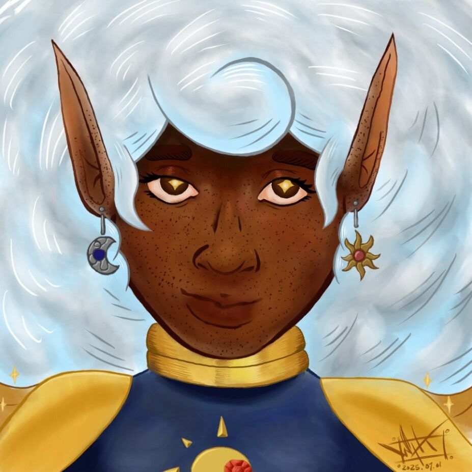 Amber for Woozey_the_wizard on Art Fight. A dark-skinned elf with billowy white hair and lots of freckles.