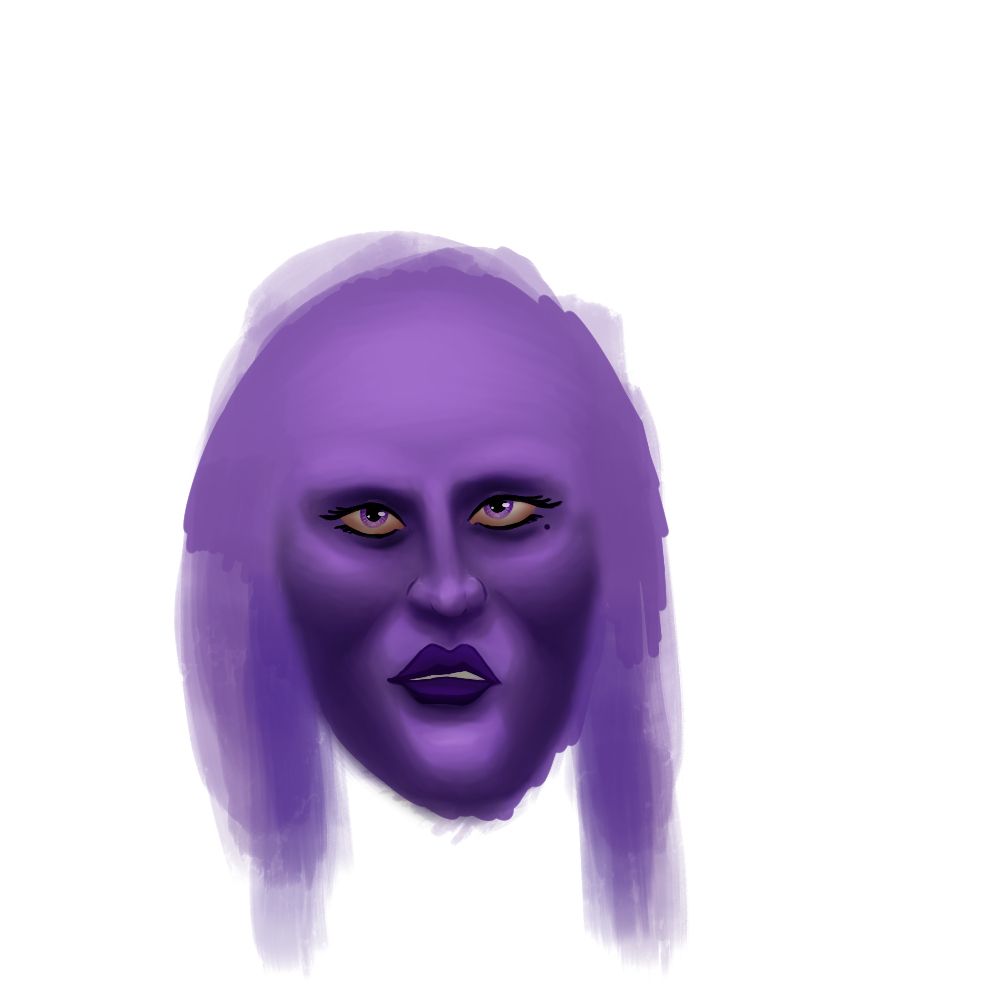 Digital portrait painting WIP of a purple Twi'lek's face. They are a Sith Warrior from Star Wars: The Old Republic. The edges are still quite rough, including a very loose representation of where the lekku will be.