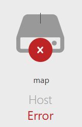 An image of a disk drive with a red circle containing a white X. Beneath it is the word "map", then "Host", then "Error". Error is in red.