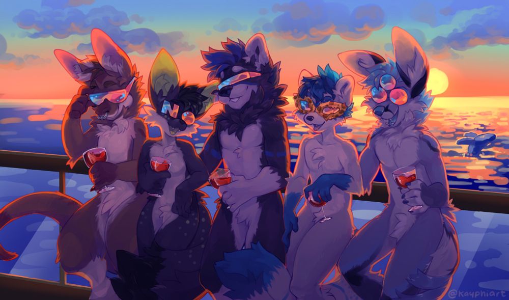 Five anthro furry characters have their backs against a glass balcony, they're all standing facing the camera smiling and mid-laugh, each holding a glass of red wine. They are each wearing a unique pair of wacky sunglasses. The background is a beautiful sunset cast in pastel hues of blues and oranges, reflecting off the Pacific Ocean and each pair of sunglasses.