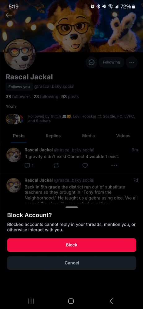 A screenshot of Bluesky with Rascal's page and the block menu open. 