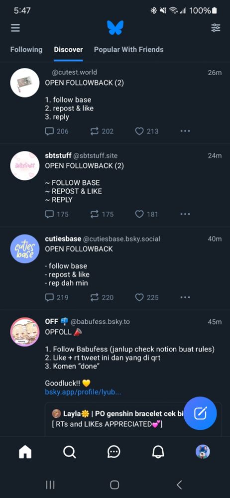 The Discover tab of Bluesky showing the top four recent posts being almost identical, and reeking of bot behavior.