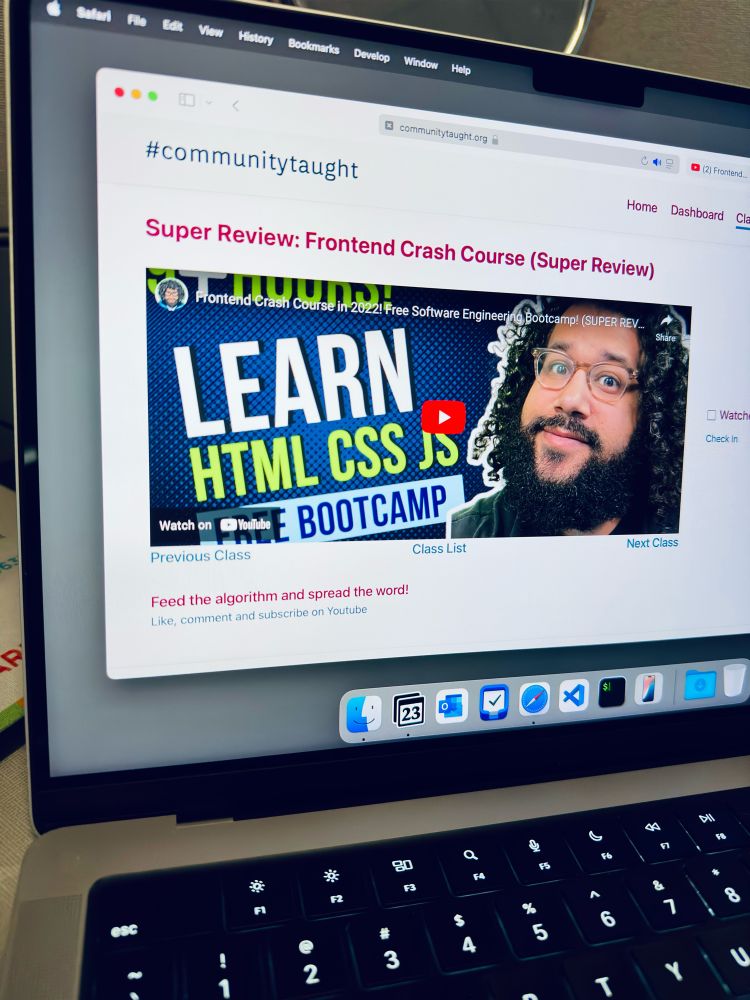 100 devs super review frontend crash course class link on community taught website.
