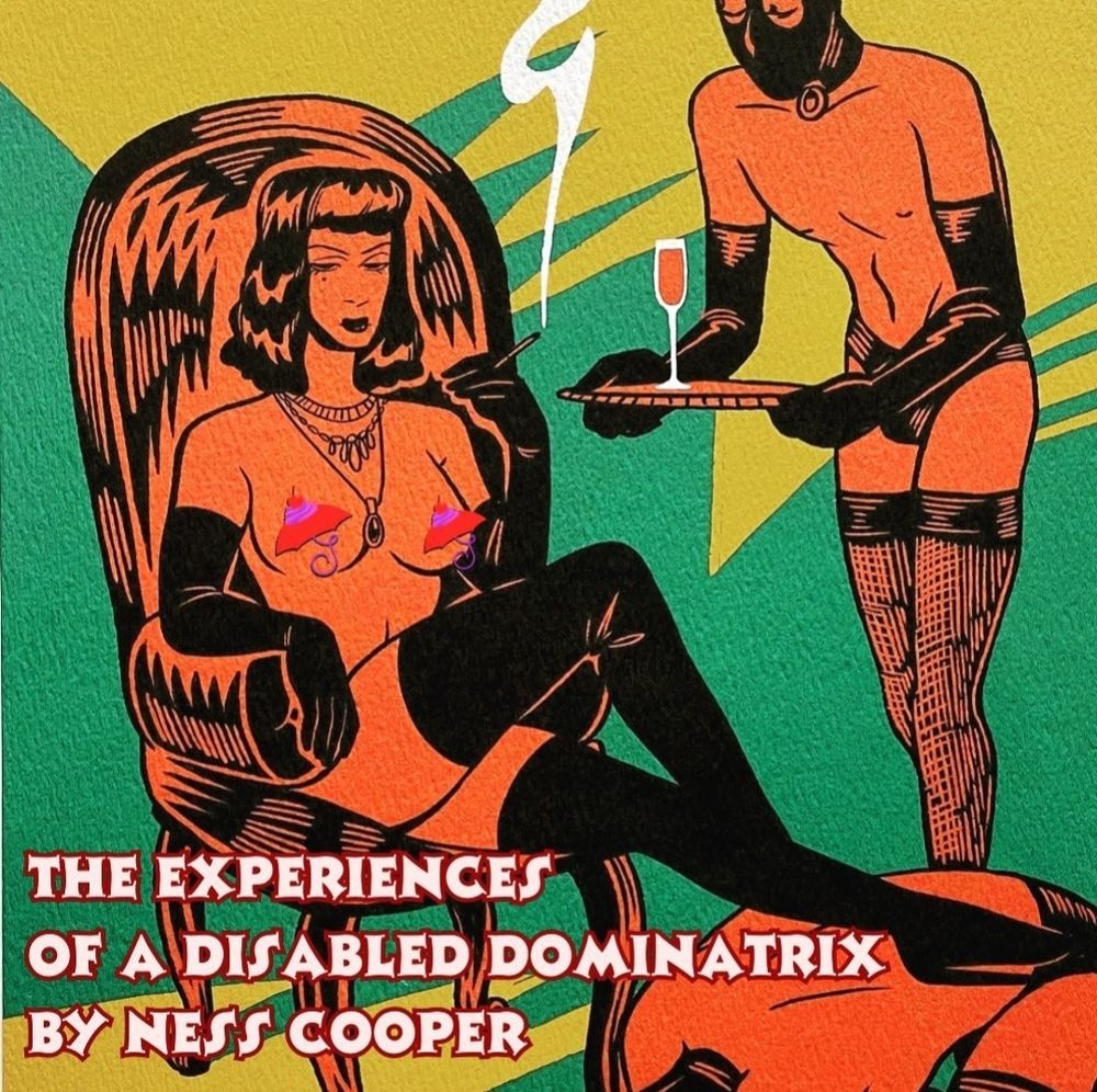 A comic book style graphic of a dominatrix sitting in a chair smoking a cigarette, being served a drink in a champagne flute by a sub
