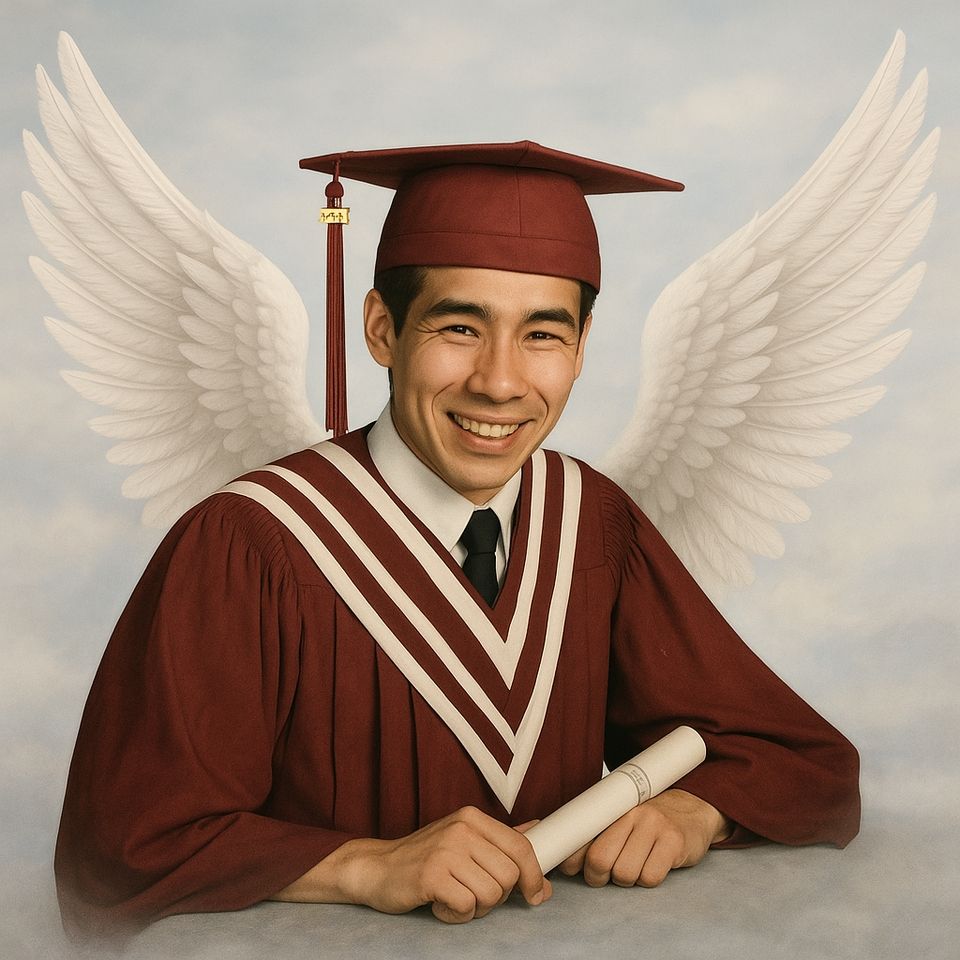 Dillon Warren Breed smiling in a graduation photo and wearing a graduation cap and gown, with angel wings behind him.