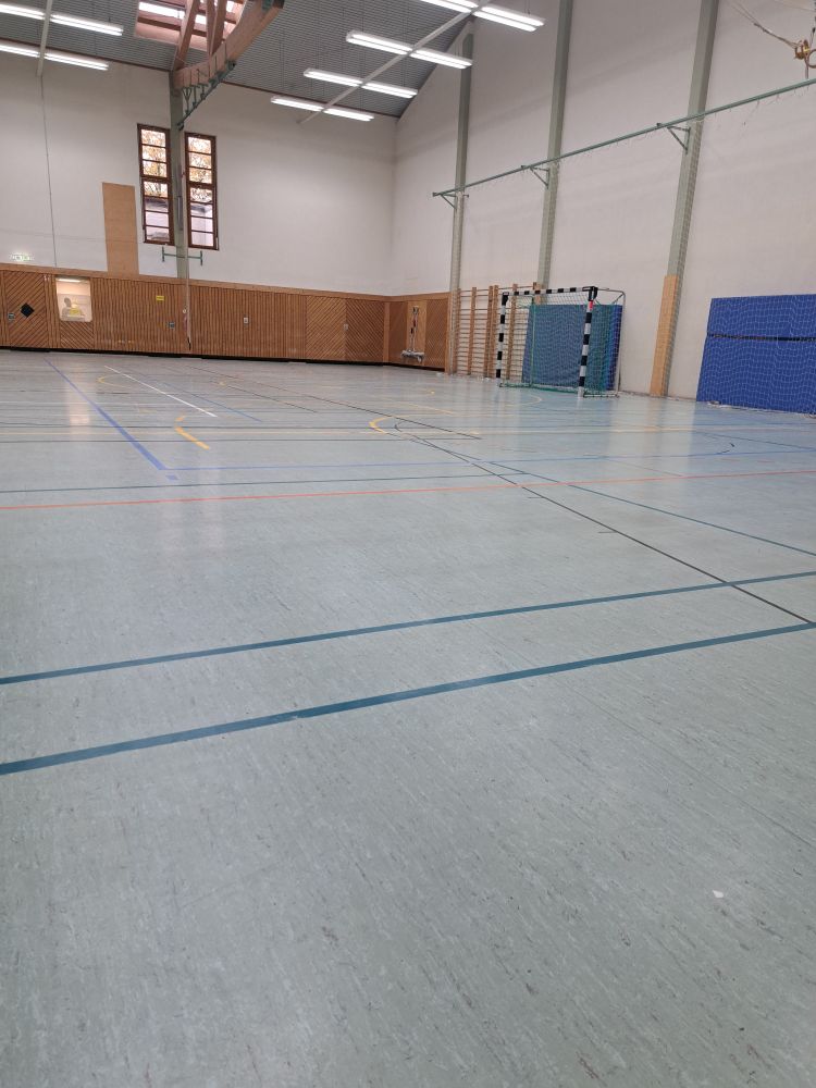 Ausschnitt einer Sporthalle. Rechts Handball Tor und matten an der Wand. 
