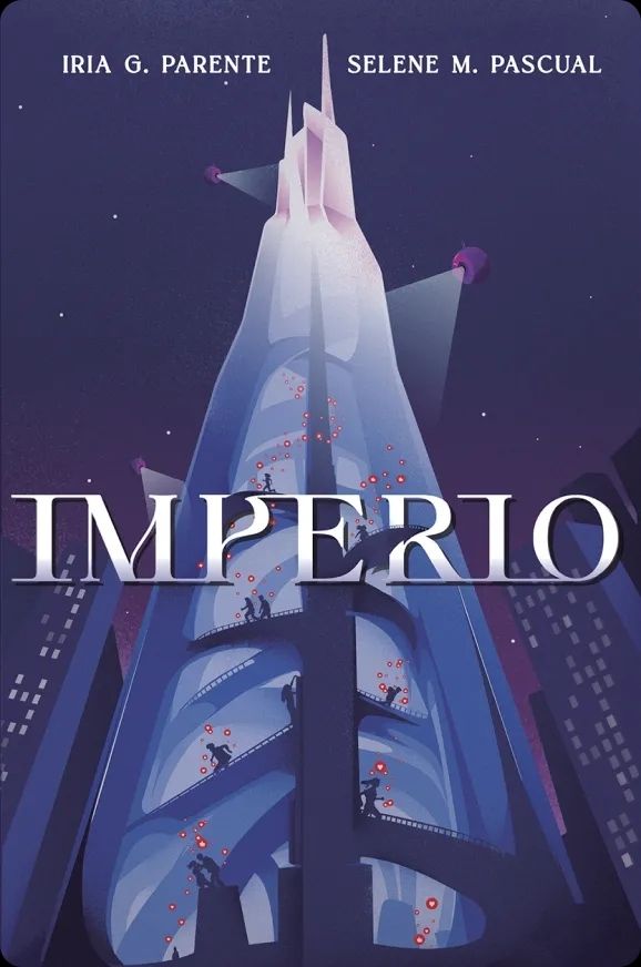 La portada de la novela Imperio de Iria G. Parente y Selena M Pascual. En ella se ve un edificio muy alto  al que apuntan cámaras suspendidas en el cielo. En el interior se ven siluetas de personas rodeadas de botones rojos de me gusta. Las tonalidades de la porta son frías y destacan los me gustas rojos.