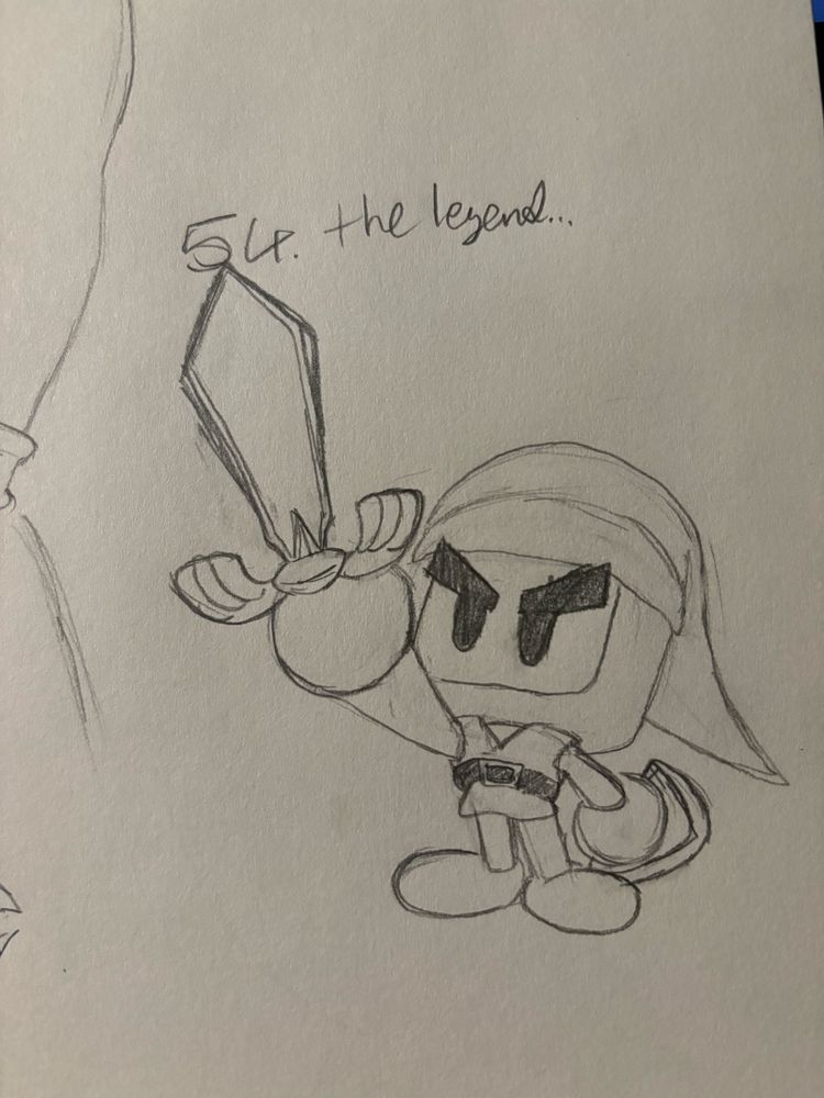 A Bomberman dressed as Link, specifically 4 Swords, holding the Master Sword to the heavens