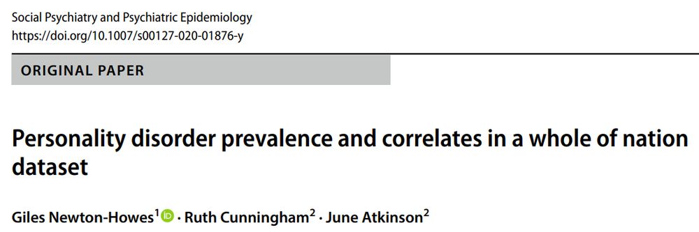 HEader for a scientific paper in the journal Social Psychiatry and Psychiatric Epidemiology. The title is "Personality disorder prevalence and correlates in a whole of nation dataset".
Below this title, the authors names appear "Giles Newton-Howes, Ruth Cunningham, June Atkinson."