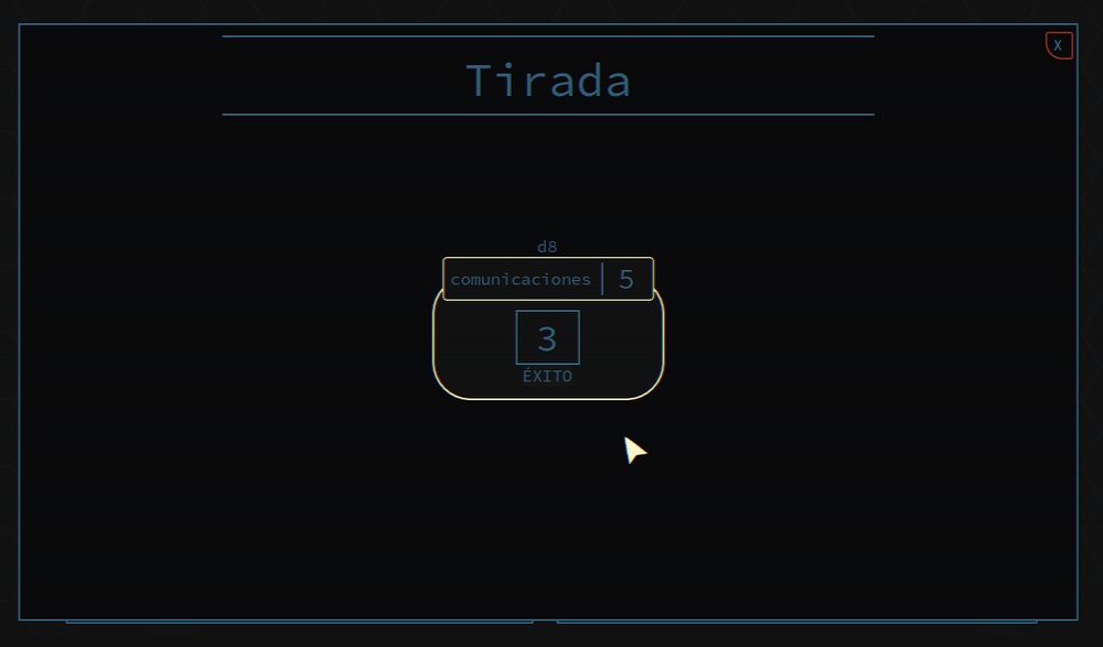 Dado de Astracordis en la app: Tirada de Comunicaciones. Se está tirando un d8 sobre una puntuación de 5, por lo que el resultado, un 3, es un éxito.