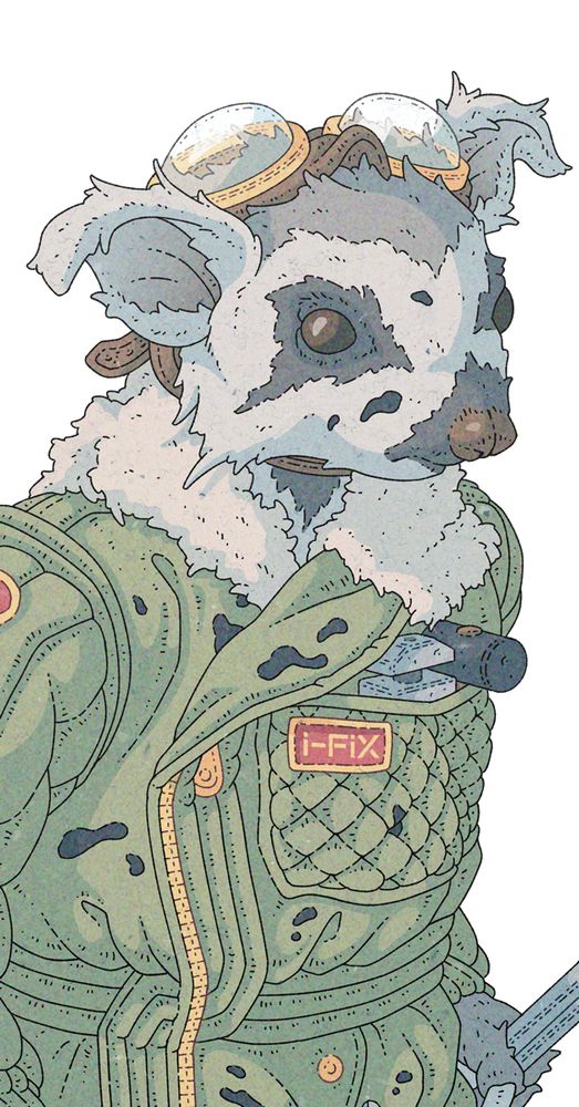 Ilustración de un narly, un roedor antropomórfico con aspecto de mapache. Pelaje de distintos tonos de gris, lleva un mono verde de trabajo en el que pone i-Fix y unas gafas con correa de cuero sobre la cabeza, entre las grandes orejas peludas.