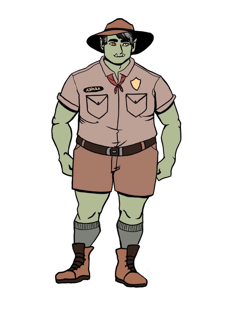 A half-orc man dressed as a park ranger. He has light green skin, gold eyes, and tusks pointing out from his lower lip. His clothes are Khaki and brown, with a badge on his left breast pocket and a name tag that says “aspera” on the other side 