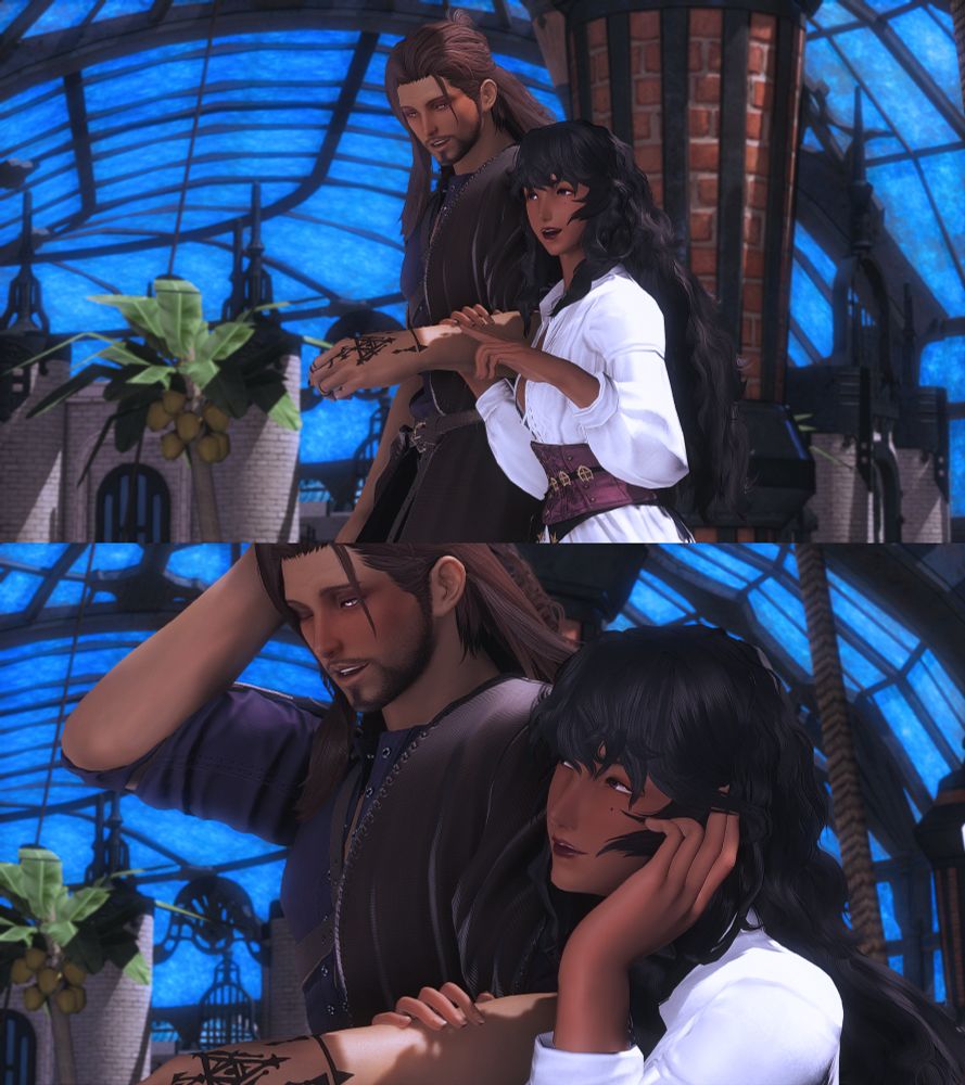 Yahsre gives Layla a tour of the Crystarium. They walk side by side, her hand wrapped around his arm as they chat happily. He seems flustered by the closeness, but tries to maintain his charm.