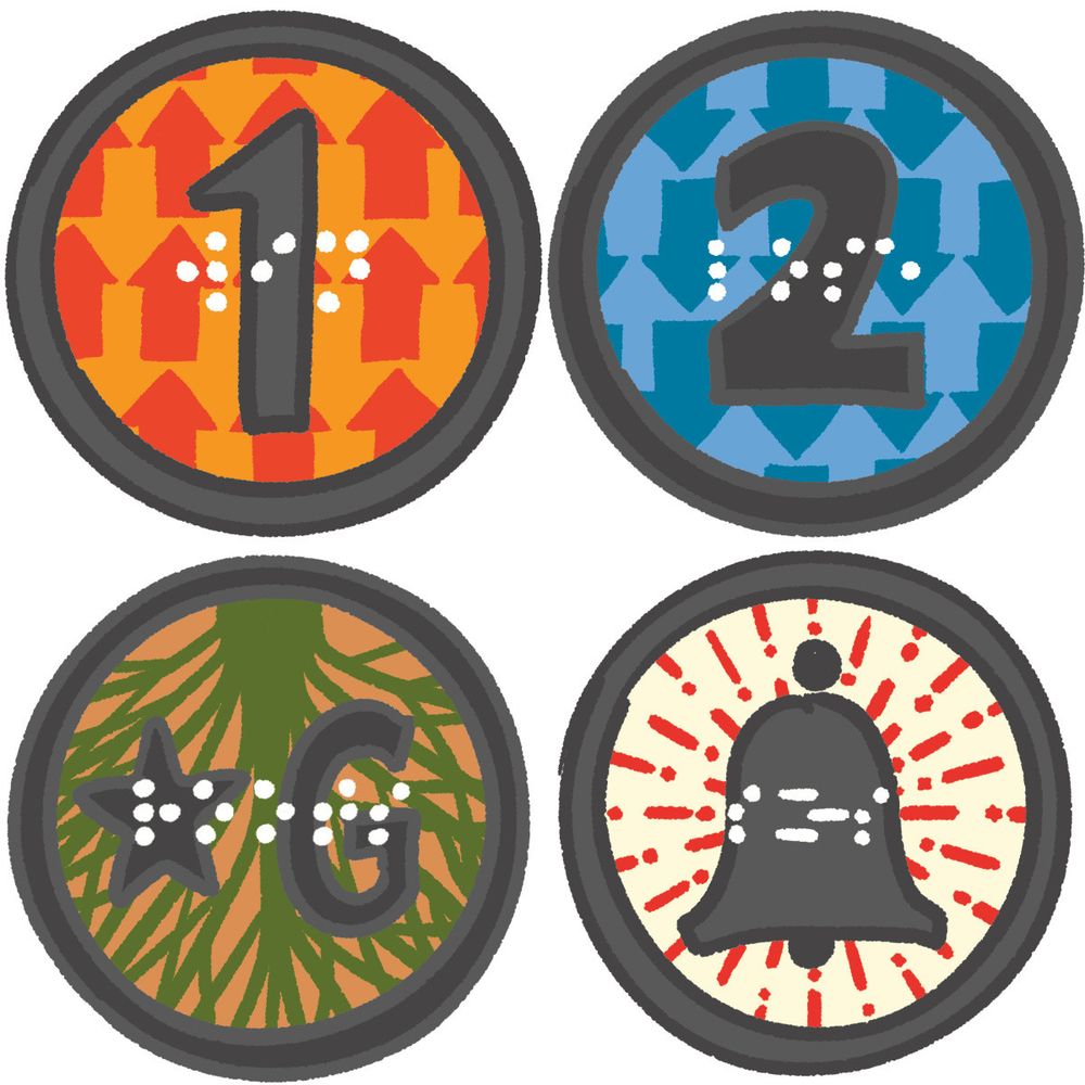 Top left: An elevator button with the label "1", a background of upward-pointing orange arrows and the braille for "win" overlaid in white.

Top right: An elevator button with the label "2", a background of downward-pointing blue arrows and the braille for "lose" overlaid in white.

Bottom left: An elevator button with the label "G" and a star indicating main level, a background of a green root pattern on a brown background and the braille for "roots" overlaid in white.

Bottom right: An elevator button with an alarm button label, a background of radiating red exclamation marks on a beige background and the braille for "SOS" overlaid in white. The dots in the "O" are stretched out like the dashes of "O" in Morse code.