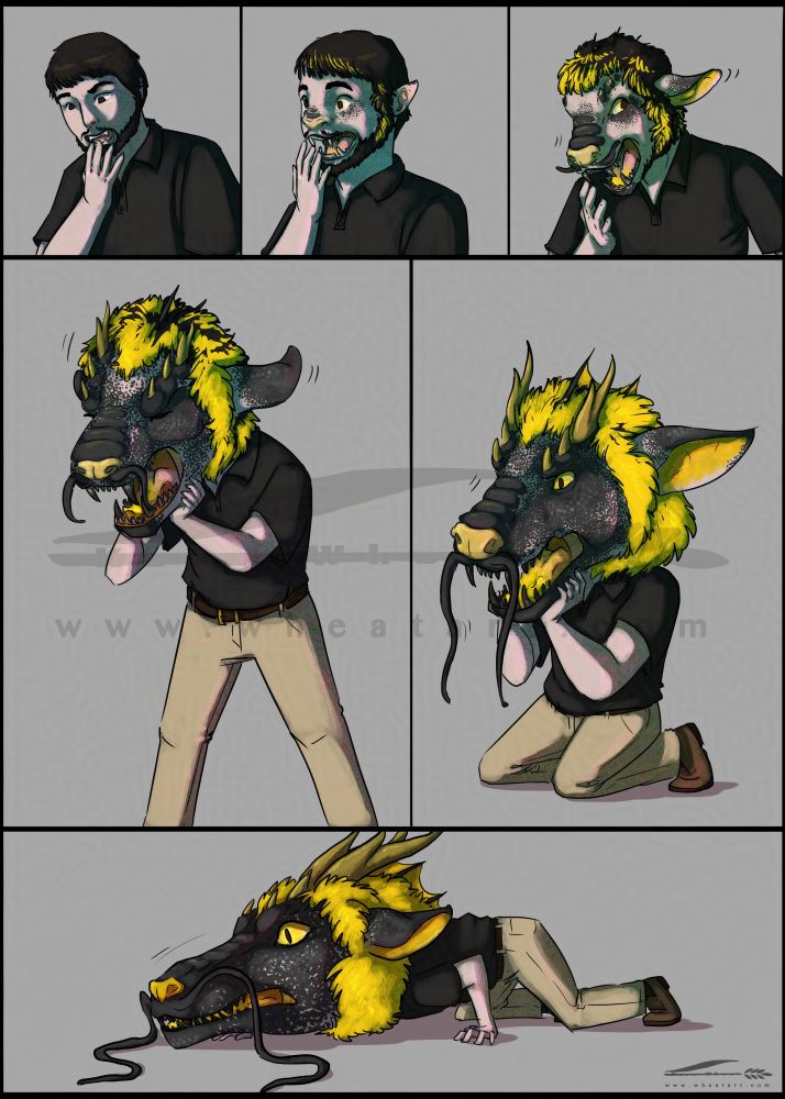 A comic page of a guy's head turning into a full sized dragon head
